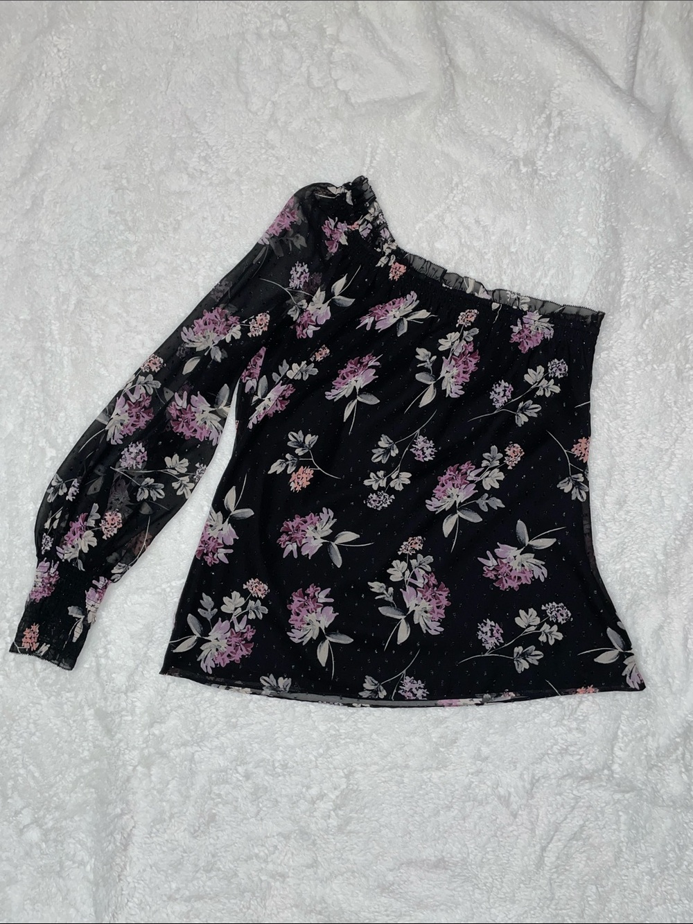 White House Black Market Black Floral Puff-Sleeve Blouse with Smocked Neckline